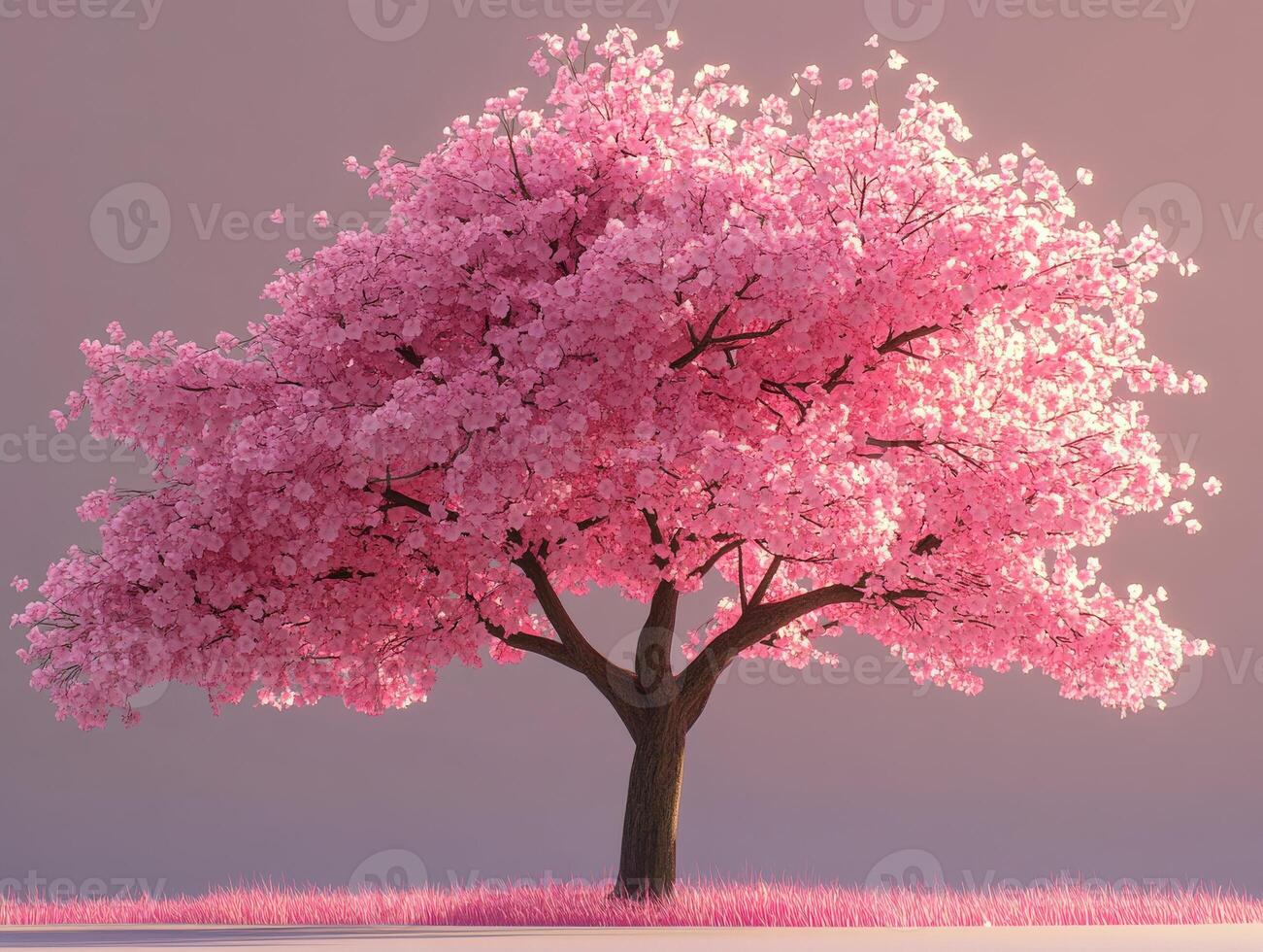 A pink tree with pink flowers in the middle of a field photo