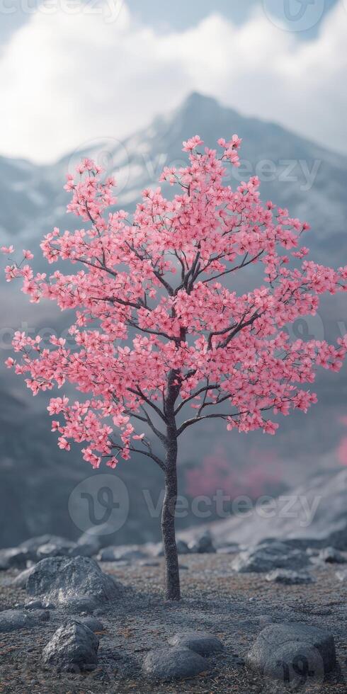 A pink tree stands alone in a barren area photo