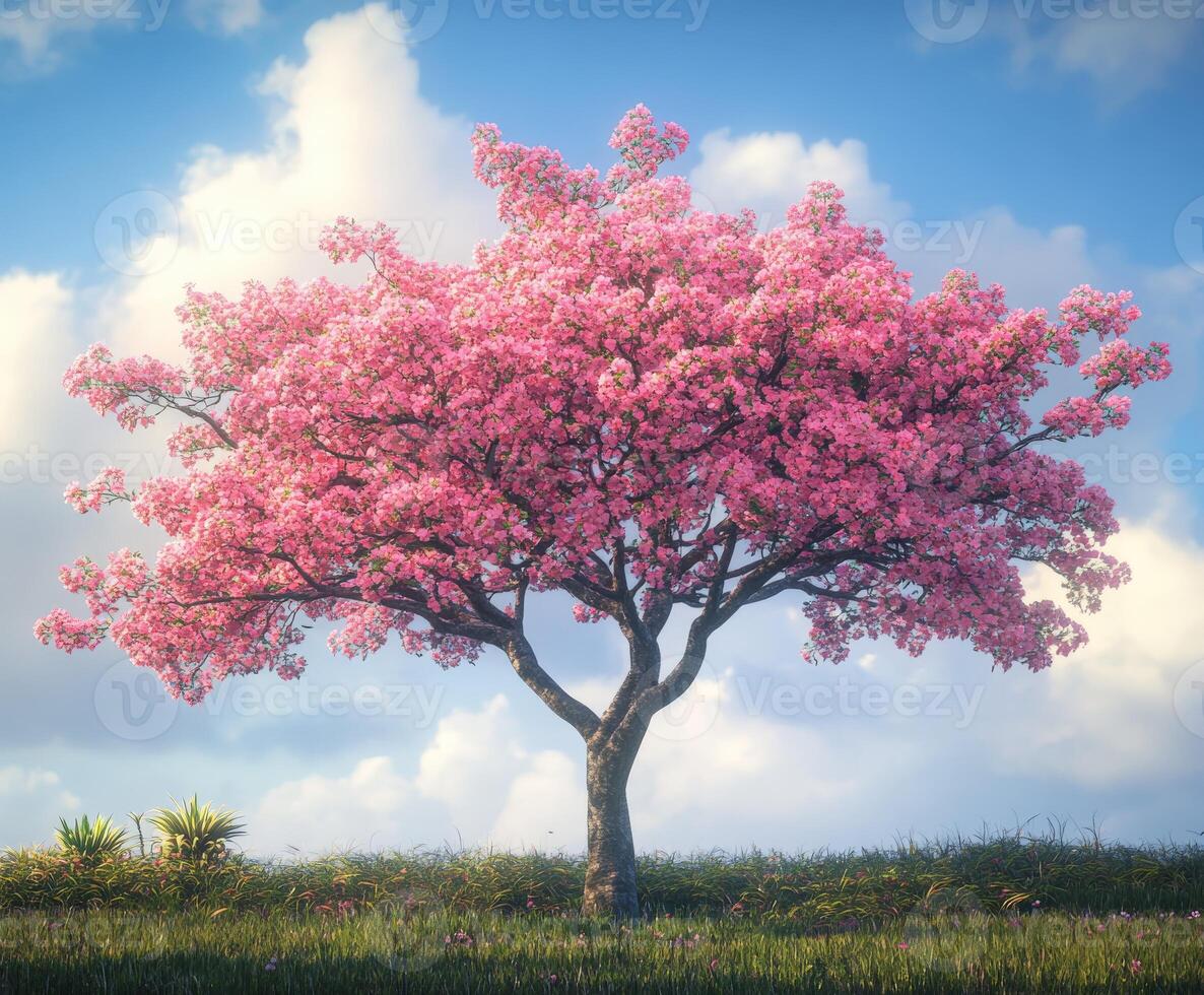 A pink tree is in the middle of a field photo