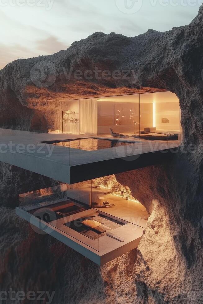 A cave house with a pool and a pool house photo