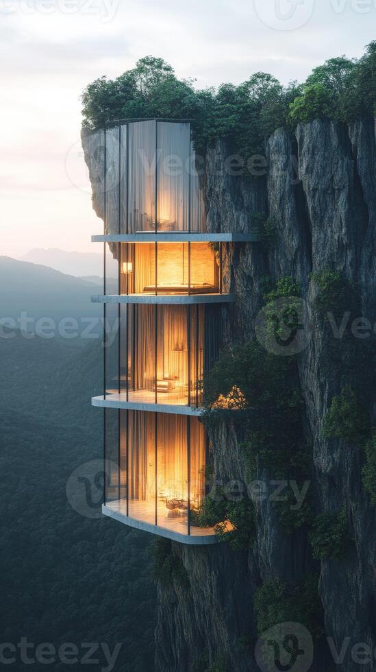 A house on top of a cliff with a view of the mountains photo