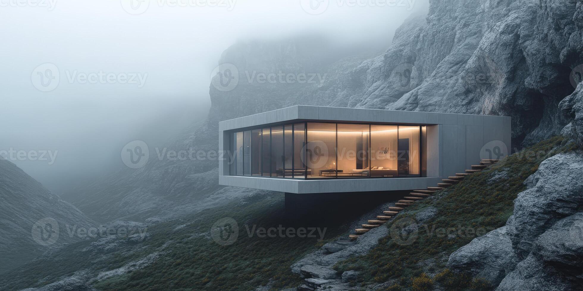 A house in the mountains with stairs leading up to it photo