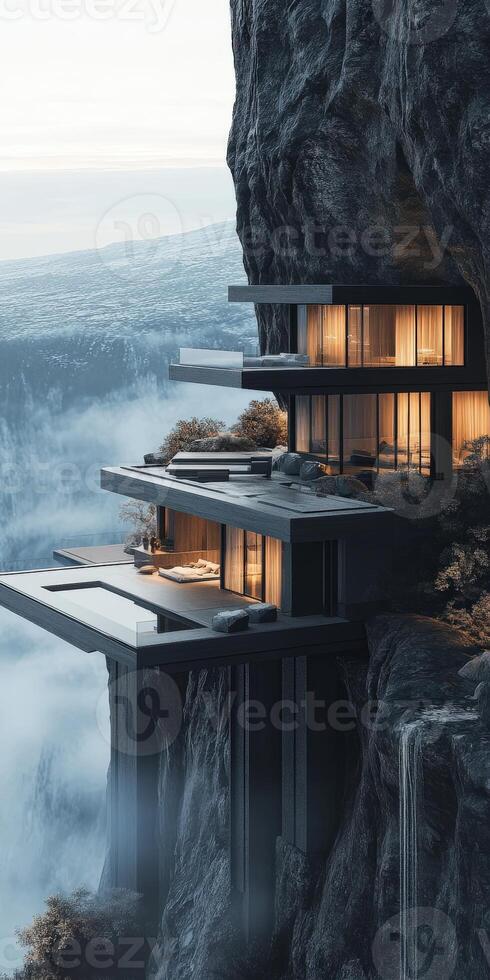 A house on top of a mountain with a waterfall photo