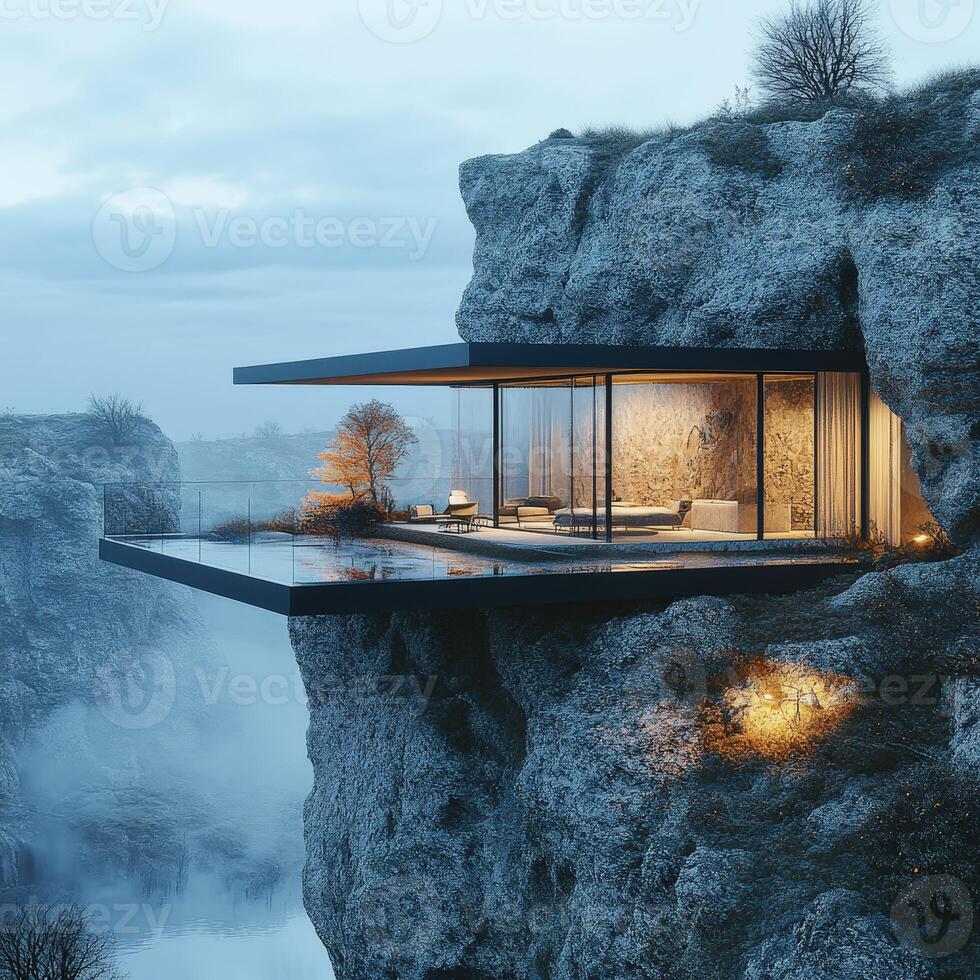 A house on top of a cliff overlooking the water photo