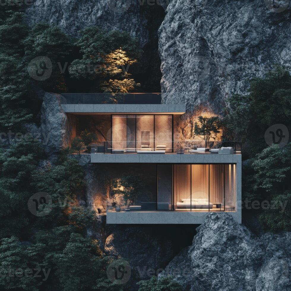 A house in the mountains with a tree in front photo