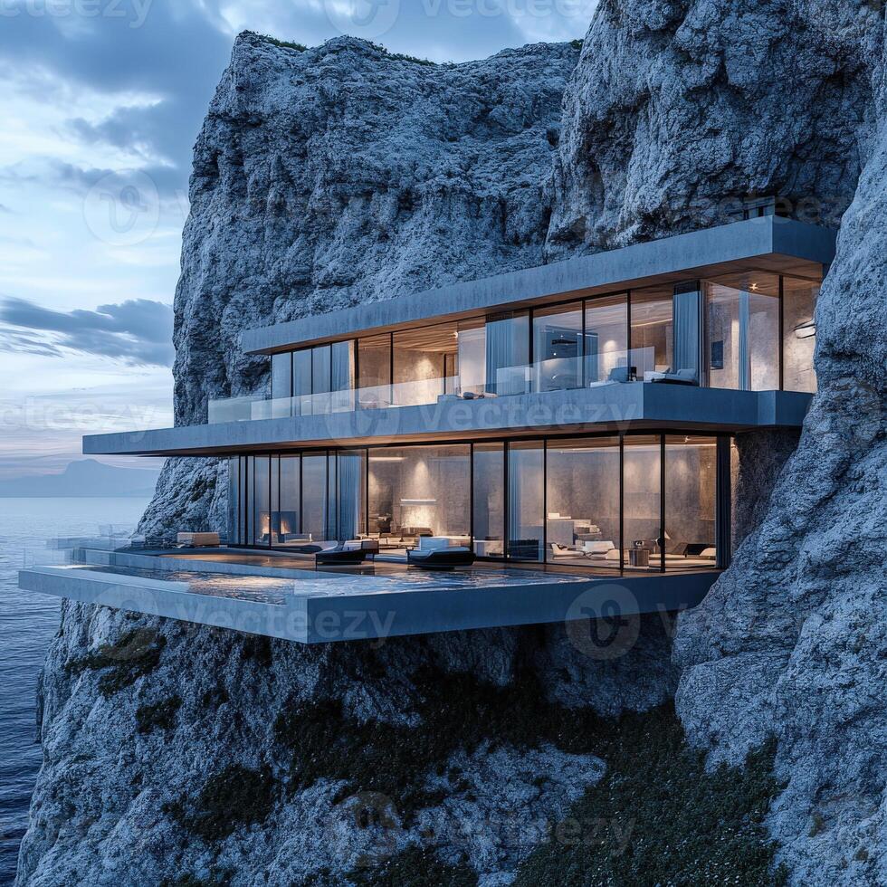 Modern house on the cliff top with ocean view 3d rendering photo