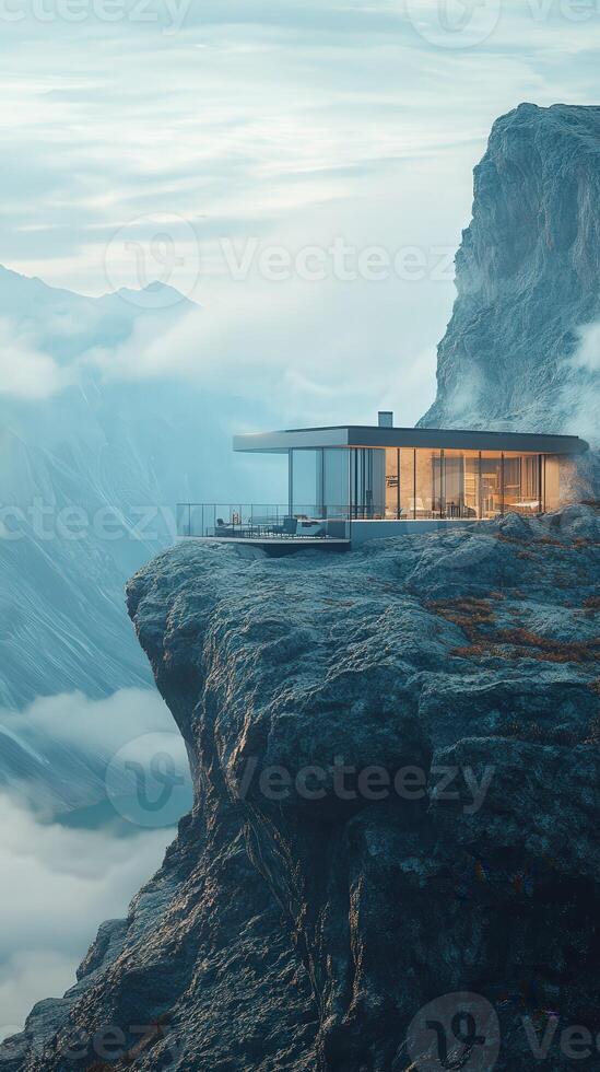 A house on top of a mountain with fog photo