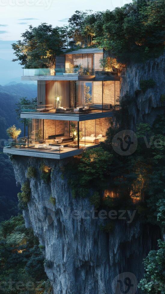 A house on top of a cliff with trees and plants photo