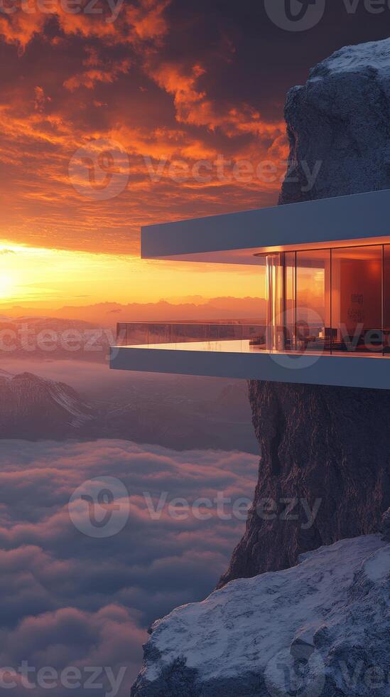 A house on top of a mountain with a view of the sunset photo