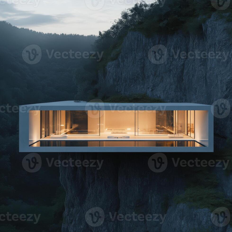 A house on top of a cliff with a view of the mountains photo