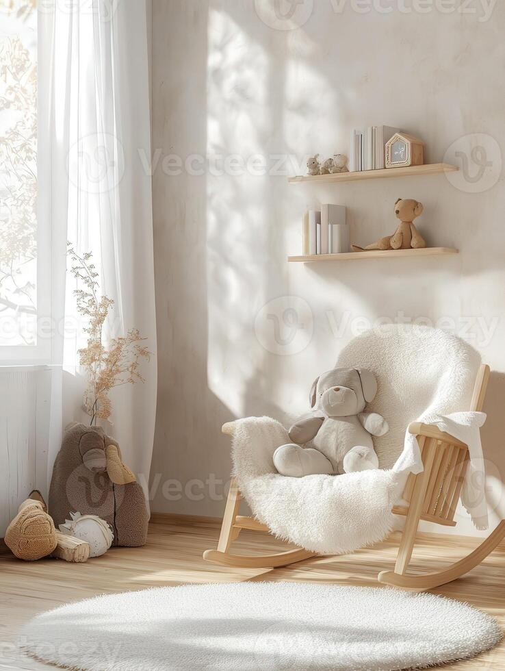 A white rocking chair in a room with a rug photo