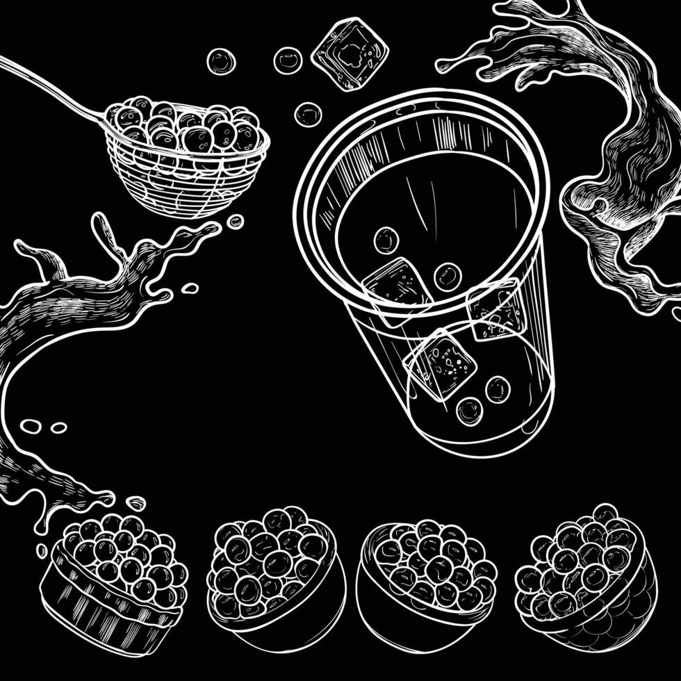 Hand drawn bubble tea illustration. Outline of milk tea with tapioca pearls on black background. Square visual for social media. Cafe and cocktails drawings. Boba tea for menu design. vector
