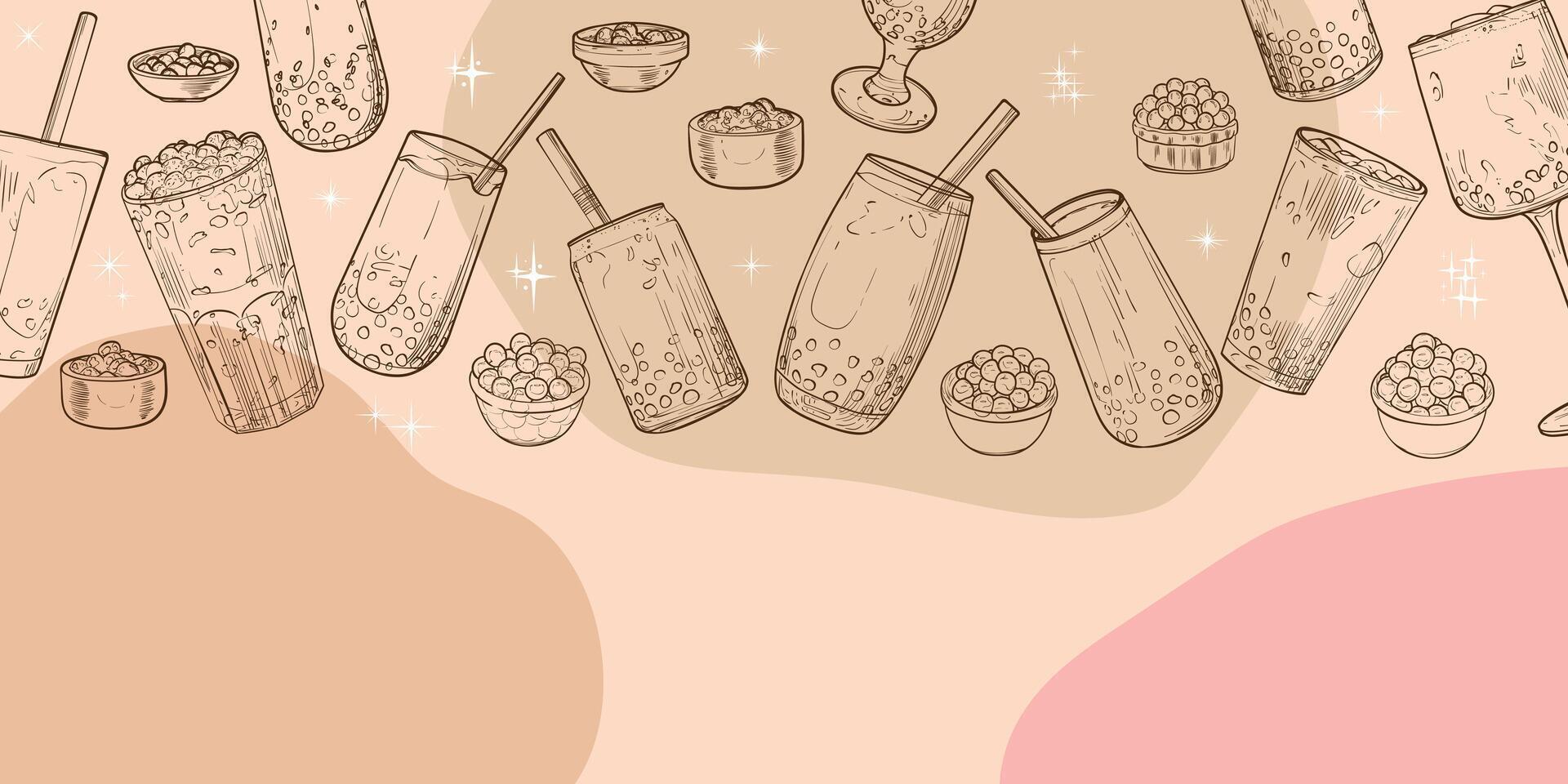 hand drawn bubble teas with Boba word in the middle. Landscape banner design with milk tea in glasses. Beverages with straws and jelly. Warm outline only illustration with drinks. vector