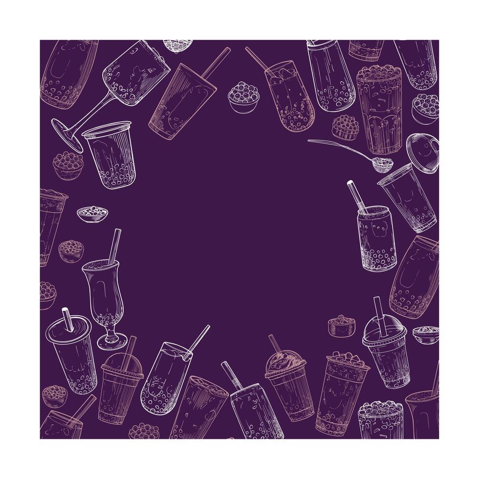 Hand drawn bubble tea square illustration in purple. Outline of milk tea with tapioca pearls. Square visuals for social media. Cafe and cocktails drawings. Boba tea for menu design. vector