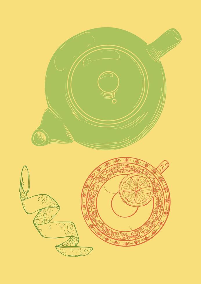 Hand drawn tea poster. Lemon tea design with a top view tea mug, lemon slice and tea pot. Illustration ready to be used in online and print projects for bar or cafes such as menus or posters. vector
