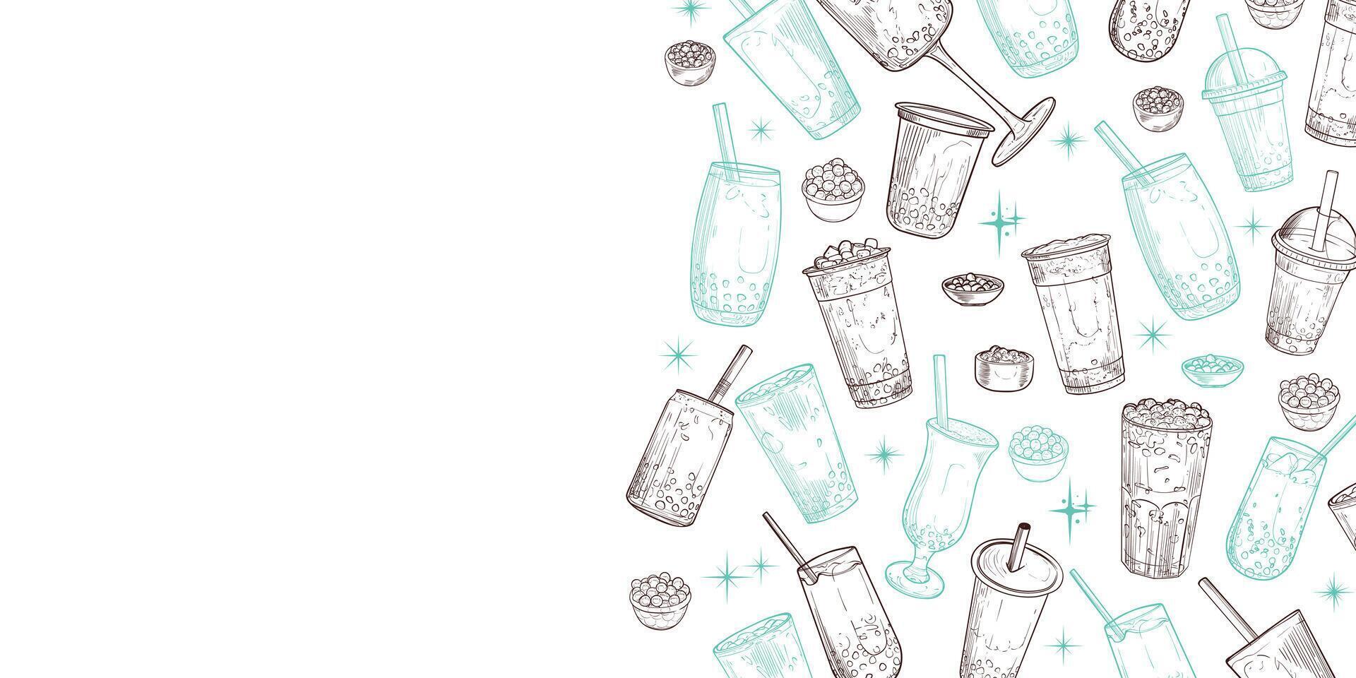 Landscape banner with hand drawn bubble teas. The illustration is outline only. Boba milk teas background with text space on the side. Beverages with straws vector