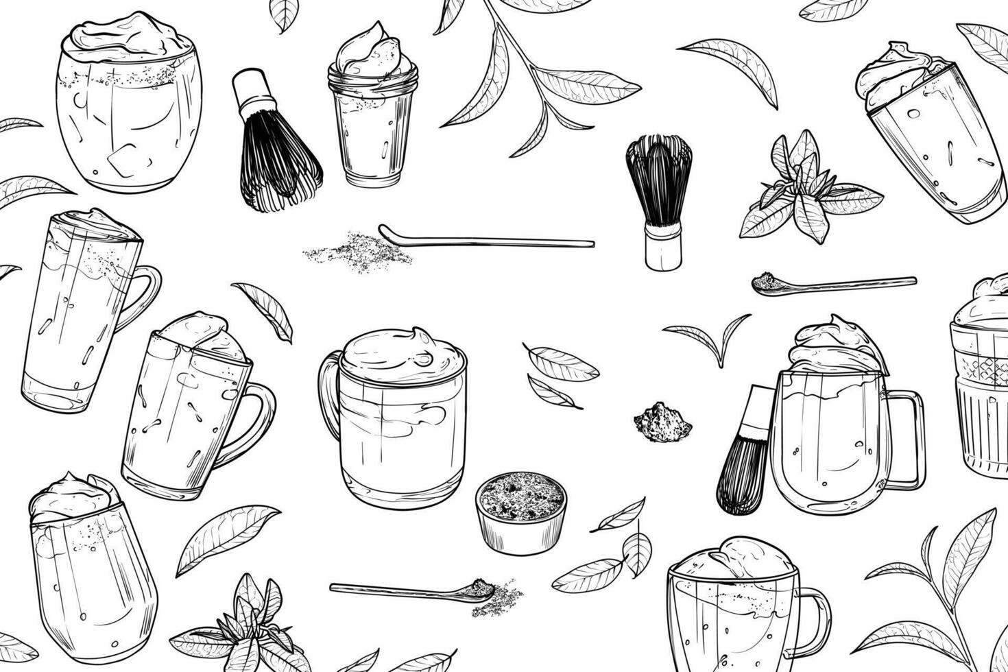 Hand drawn matcha tea background. hand drawn matcha teas in cups with foam or cream. Isolated black outlines of yummy drinks on transparent background. Illustration is outline only. vector