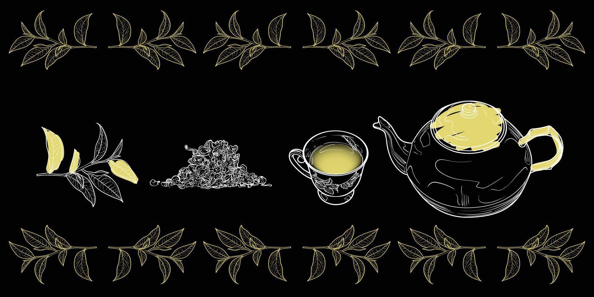 White line art tea from plant to pot. Hand drawn tea illustration. Oolong tea design for online and print tea projects. Outline line art with flat colored details for bar or cafe menu designs. vector