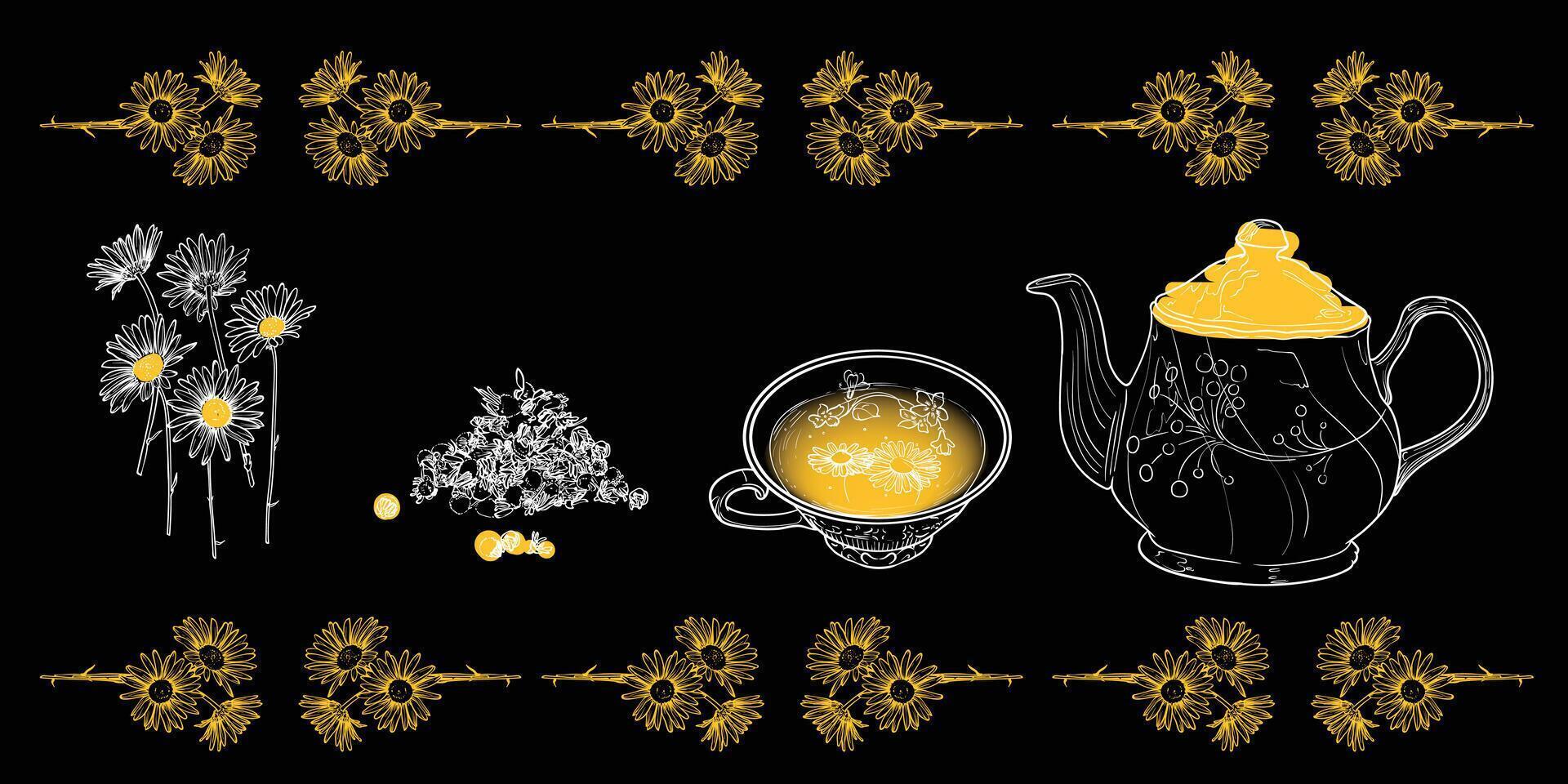 Line art tea from plant to pot. Hand drawn tea illustration. Chamomile tea design for online and print tea projects. White outline line art on black background vector