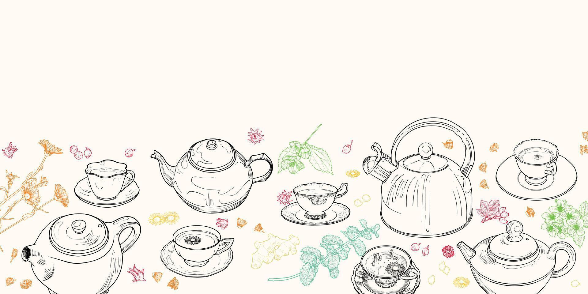 Landscape banner with hand drawn teapots, plants and cups. The illustration is outline only. Teas background with text space on top. Beverages with plants isolated on white background. vector