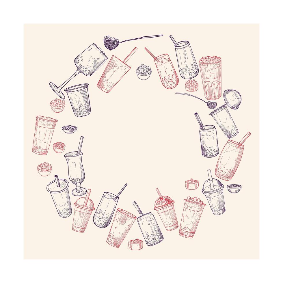 Hand drawn bubble tea illustration with bubble teas as crown. Outline of milk tea with tapioca pearls. Square visuals for social media. Cafe and cocktails drawings. Boba tea for menu design. vector
