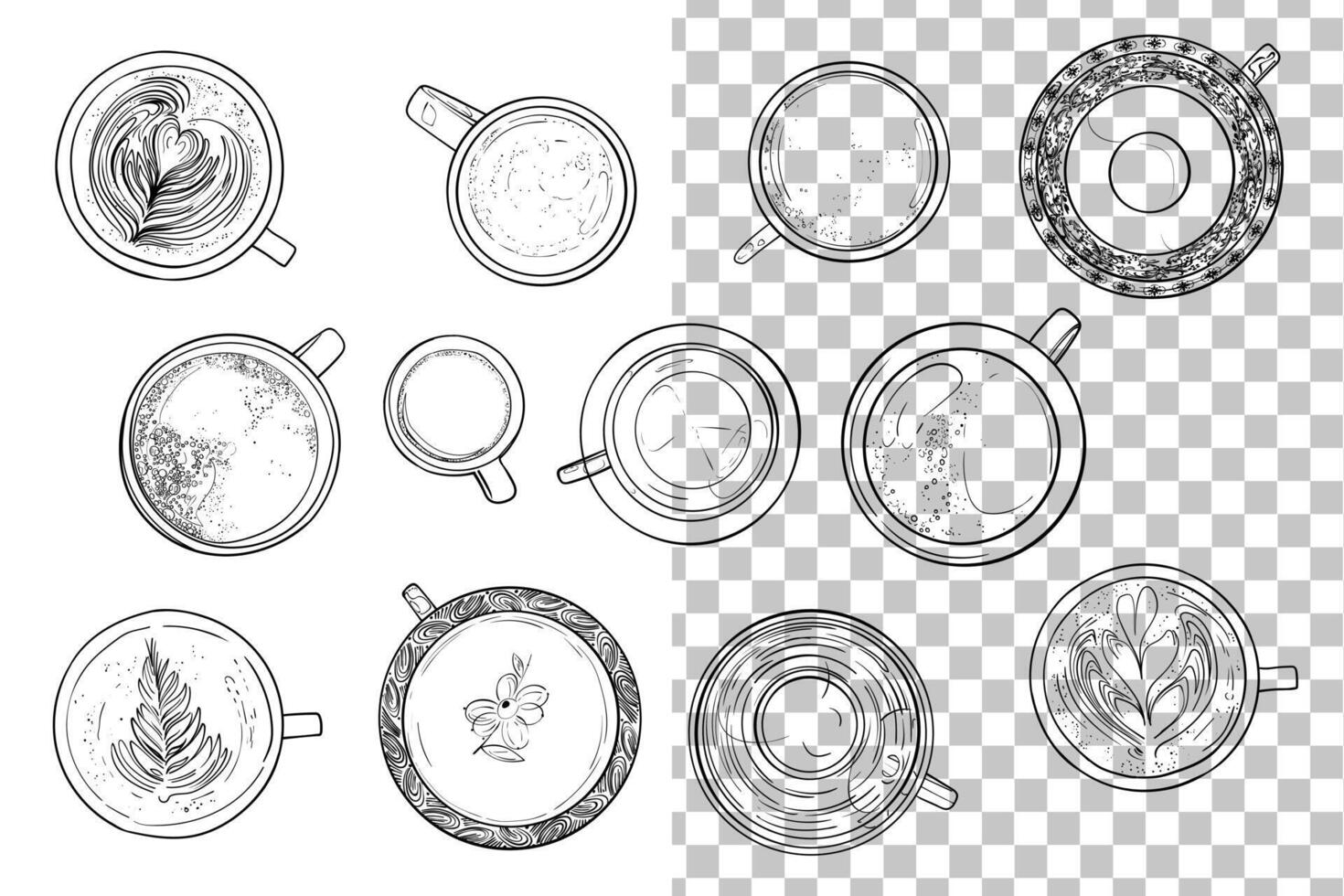 Hand drawn tea and coffee cups and mugs top view collection. Outline drinkware for coffee or tea menus. Isolated tea cups and coffee mugs. Illustration is outline only. vector