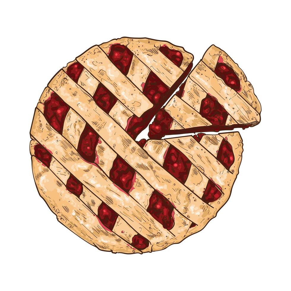 Hand drawn fruit pie. Top view of a fresh pie wheel and slice with stripe crust and fruit filling. Easy to edit and use food assets. vector