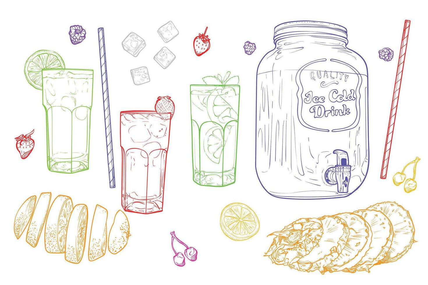 Fruit lemonade with jar and glasses. Fruits and ice on the side. Line art illustration. This banner is outline only. Easy to edit and ready to be used soft drink design. vector