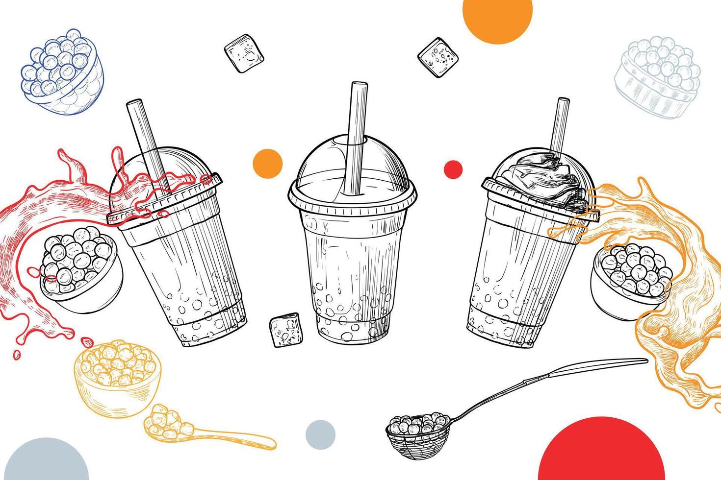 Hand drawn matcha tea illustrations. hand drawn matcha teas in cups with foam or cream. Isolated outlines of yummy drinks. Illustration is outline only. vector