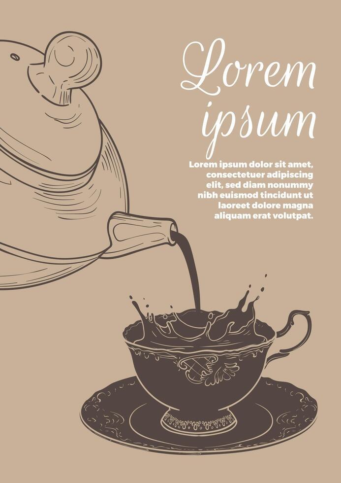 Hand drawn tea and coffee poster. Illustration with a side view coffee and tea splashing mug and pot. Design ready to be used in online and print projects for bar or cafes such as menus or posters. vector