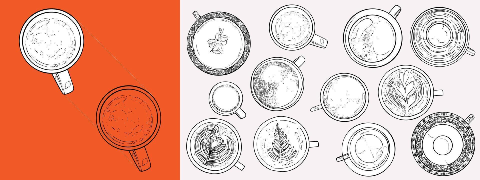 hand drawn tea and coffee cups and mugs top view collection. Outline drinkware for coffee or tea menus. Isolated tea cups and coffee mugs with outlines and fills separate. vector