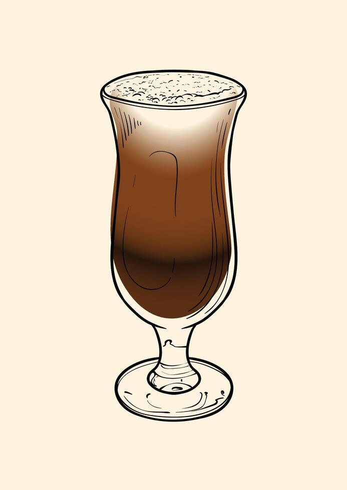 Mocha specialty. Energizing drink with caffeine in a tall glass with Coffee, Chocolate and Espresso. hand drawn line art of a refreshing drink. Outlined illustration for online and print. vector