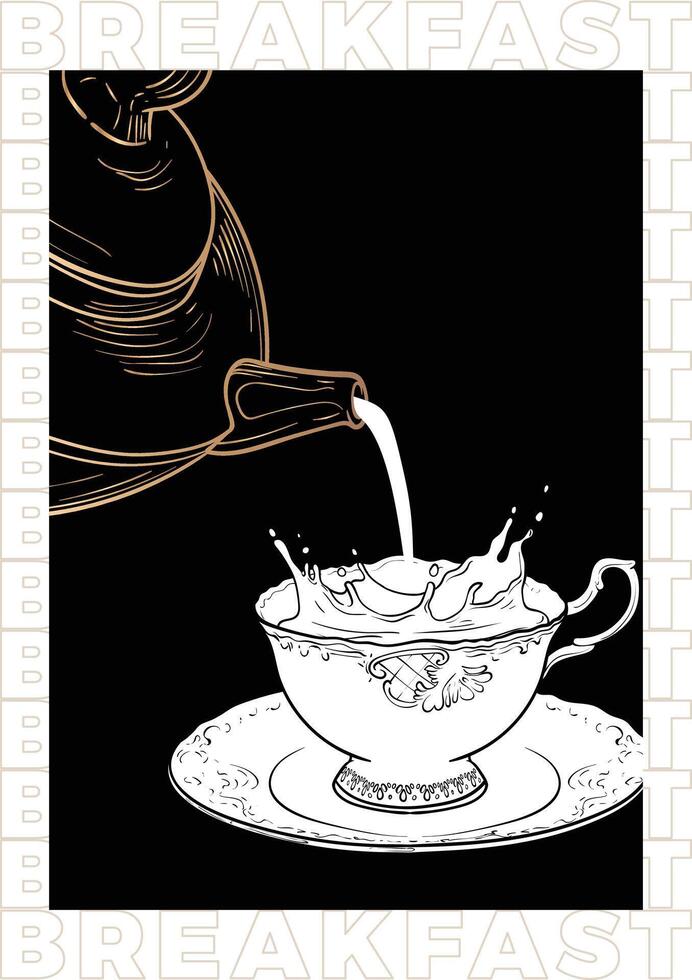 Elegant hand drawn tea and coffee poster. illustration with a side view coffee tea cup and pot. Design ready to be used in online and print projects for bar or cafes such as menus or posters. vector
