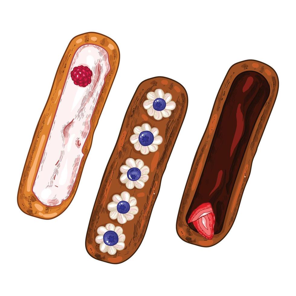 Tasty hand drawn eclairs with fruits, cream, glaze. Top view pastry illustration. Easy to edit and use food assets. vector
