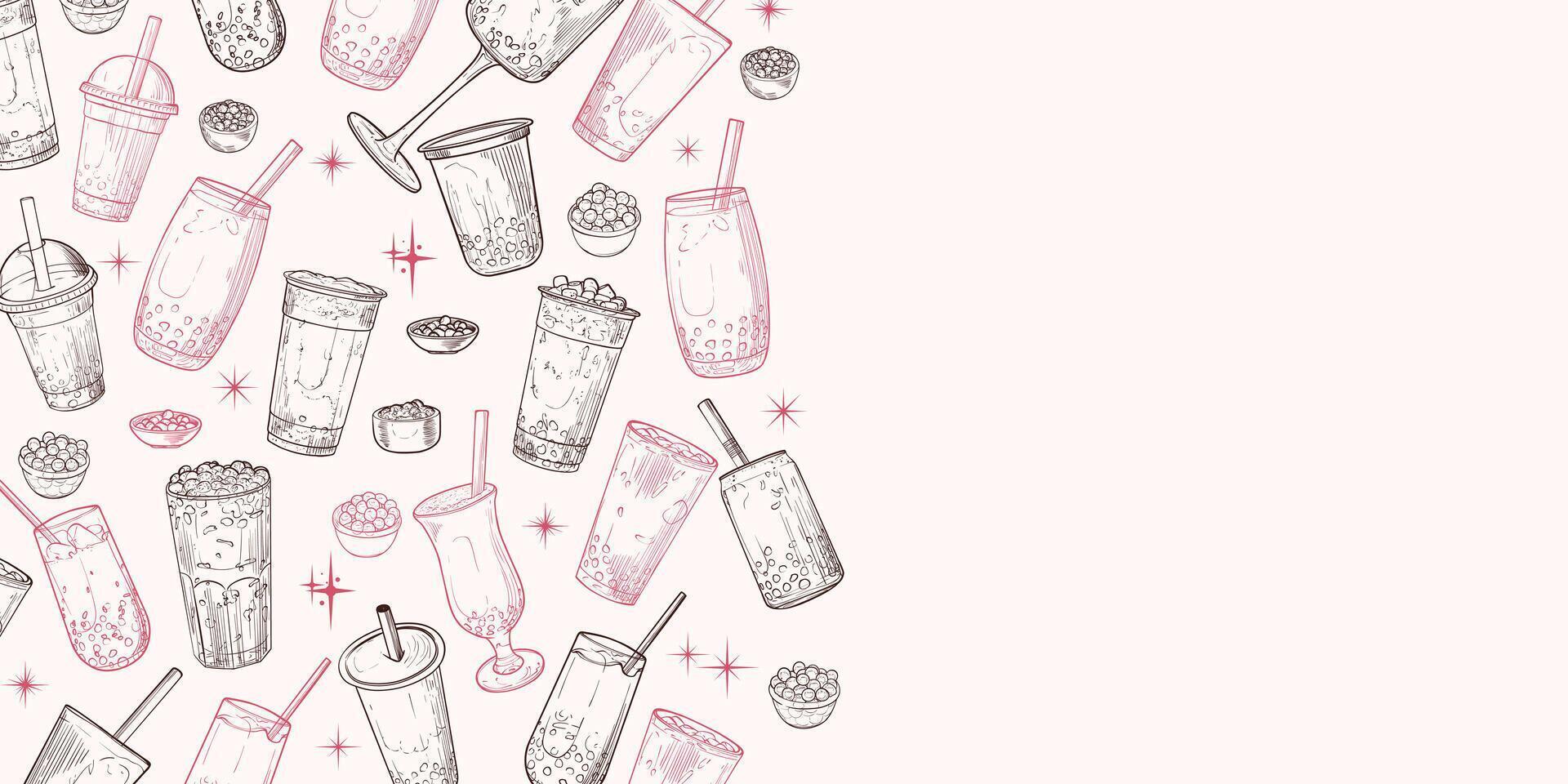 Landscape banner with hand drawn bubble teas. The illustration is outline only. Boba milk teas background with text on the side. Beverages with straws vector
