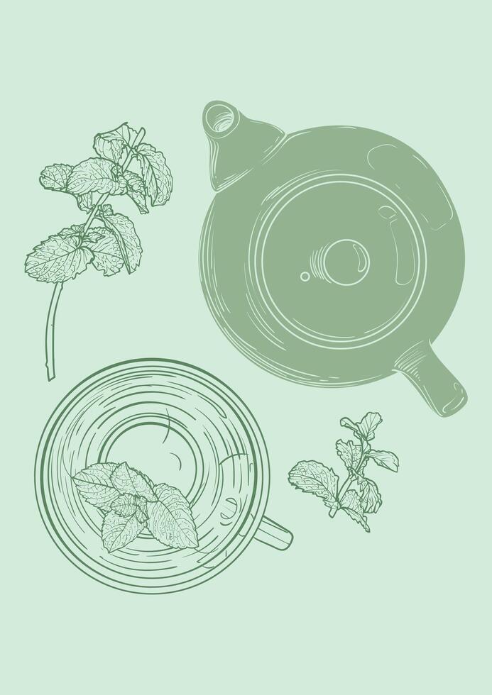 Hand drawn tea poster. Illustration with a top view mint tea mug and pot. Design ready to be used in online and print projects for bar or cafes such as menus or posters. vector