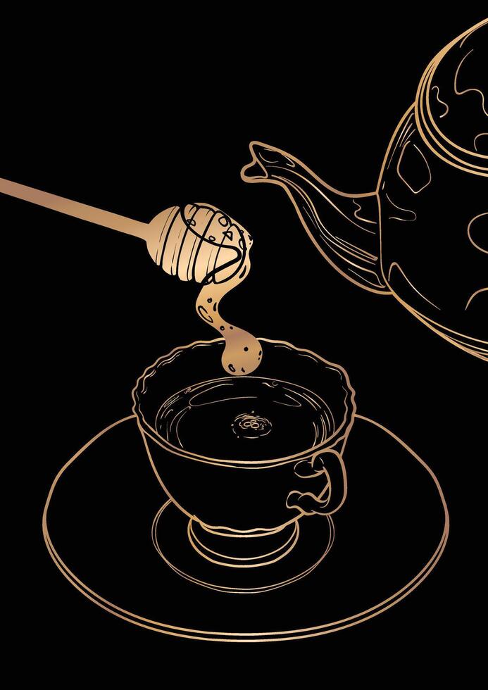 Elegant A4 tea poster design. Hand drawn line art of a tea or coffee cup and tea pot. honey pouring into a porcelain cup. Illustration for print and online projects. vector