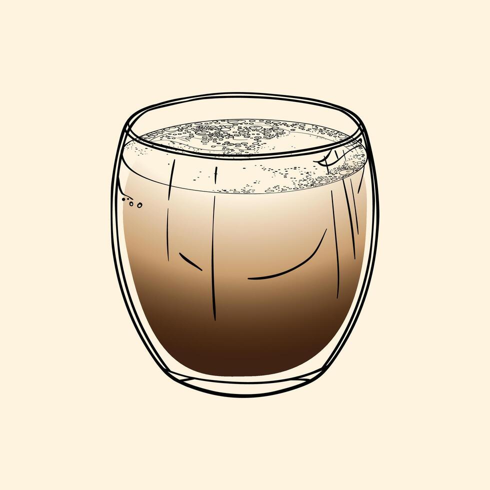Flat White specialty. Energizing drink with caffeine in a glass with Steamed Milk and Espresso. hand drawn line art of a refreshing drink. Outlined illustration for online and print. vector
