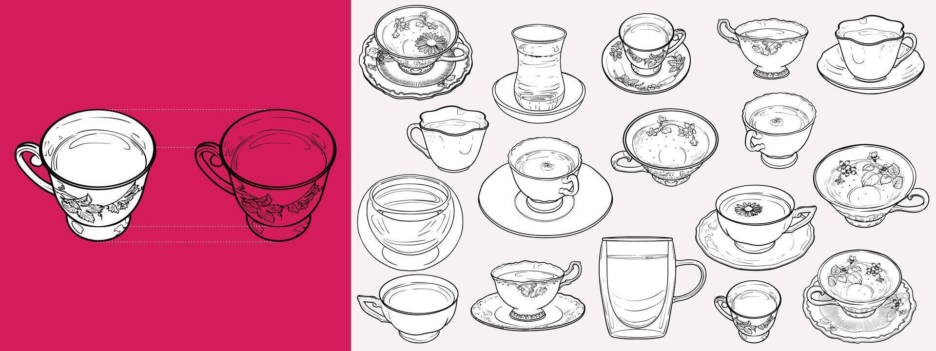 hand drawn tea and coffee cups and mugs collection. Outline drinkware for coffee or tea menus. Isolated tea cups and coffee mugs with outlines and fills separate. vector