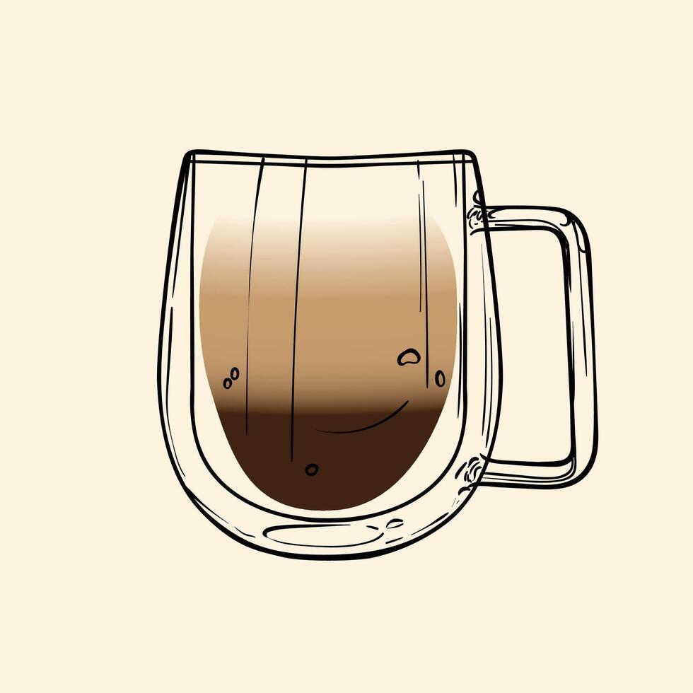 Latte specialty. Energizing drink with caffeine in a glass mug with Steamed Milk and Espresso. hand drawn line art of a refreshing drink. Outlined illustration for online and print. vector