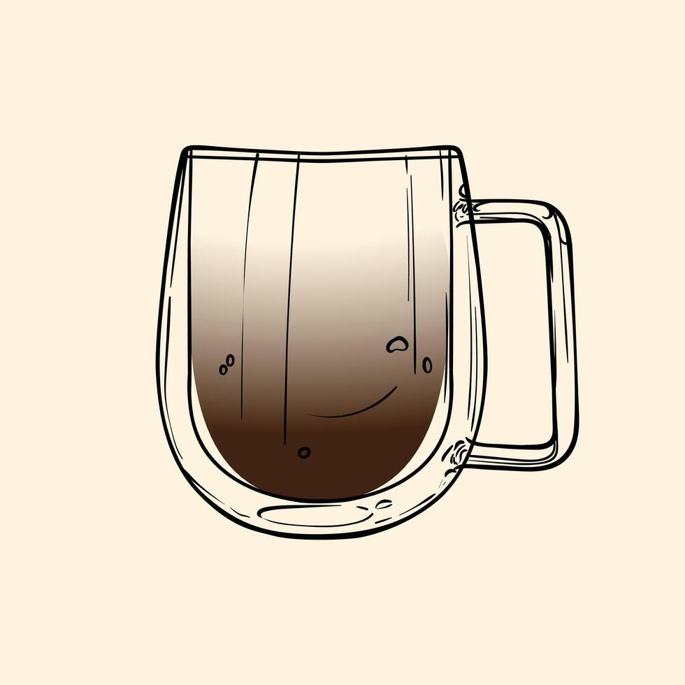 Lungo specialty. Energizing drink with caffeine in a glass mug with long pulled Espresso. hand drawn line art of a refreshing drink. Outlined illustration for online and print. vector