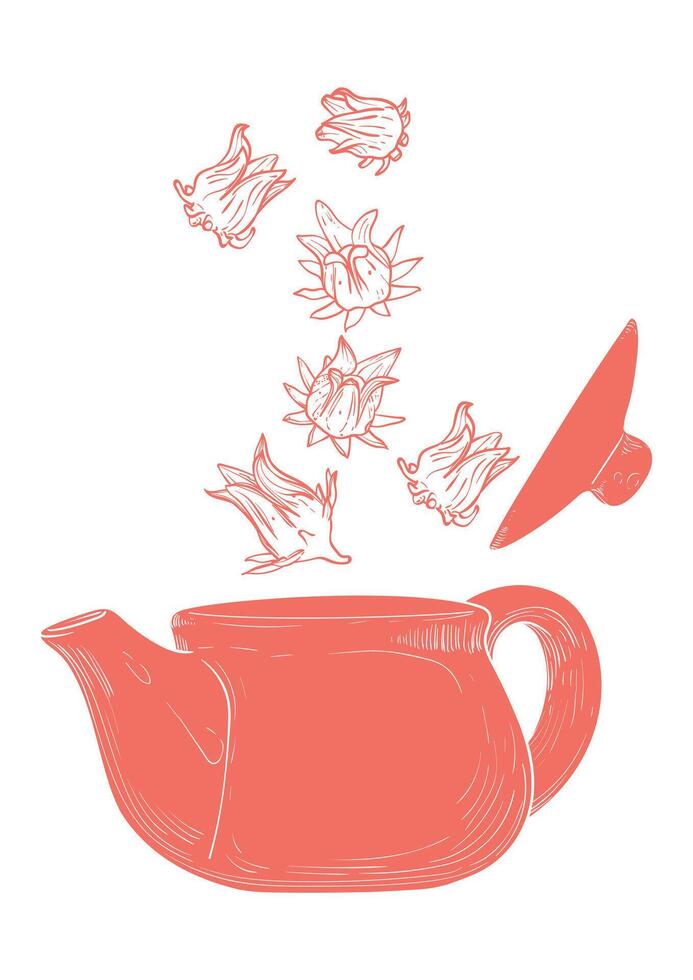 Hand drawn tea poster. Illustration with a side view hibiscus falling in a tea pot. Design ready to be used in online and print projects for bar or cafes such as menus or posters. vector