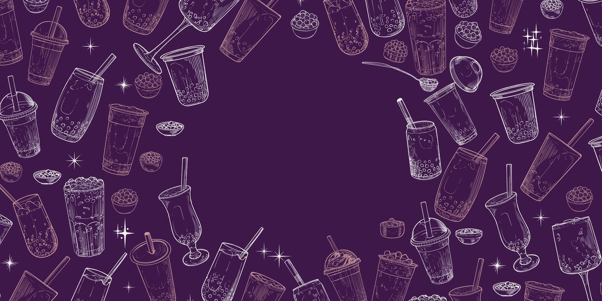 hand drawn bubble teas with Boba word in the middle. Landscape banner design with milk tea in glasses or plastic to-go cups. Beverages with straws. Warm outline only illustration with drinks. vector