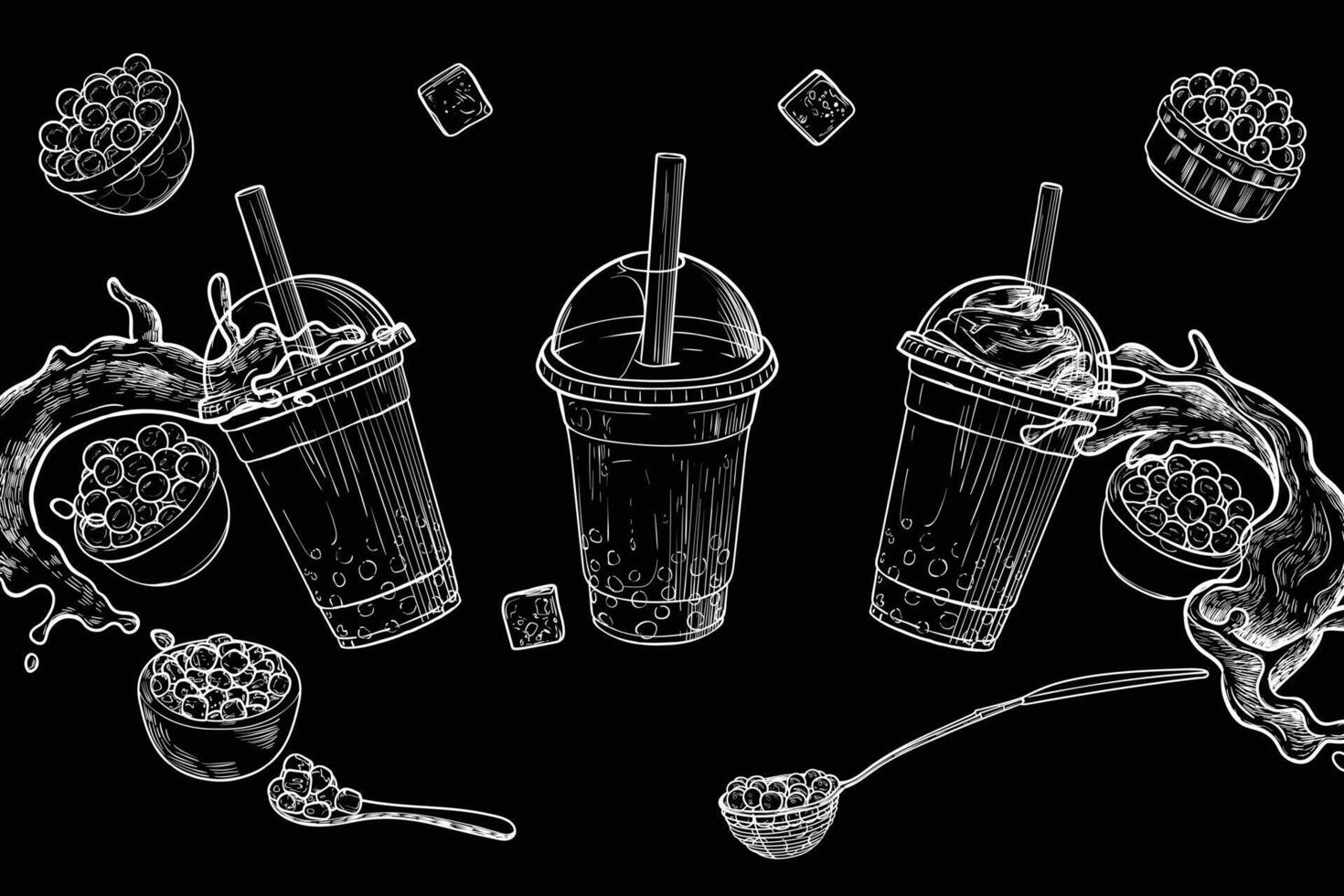 Hand drawn bubble tea illustration. White outline of milk tea with tapioca pearls on black background. Banner design for social media. Cafe and cocktails drawings. Boba tea for menu design. vector