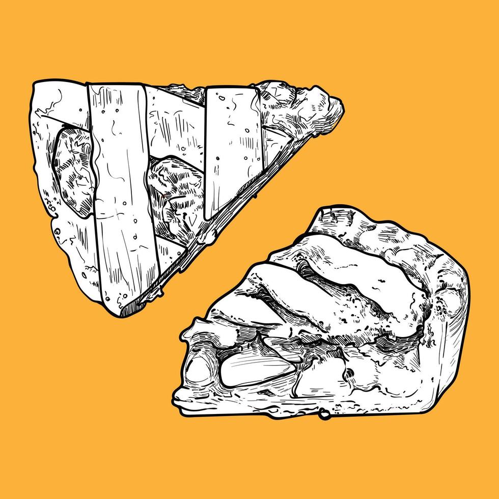 hand drawn slices of pie. Top and side view of fruit pie with stripe crust and fruit filling. Easy to edit and use food assets. Black outline, white fill in separate groups. vector