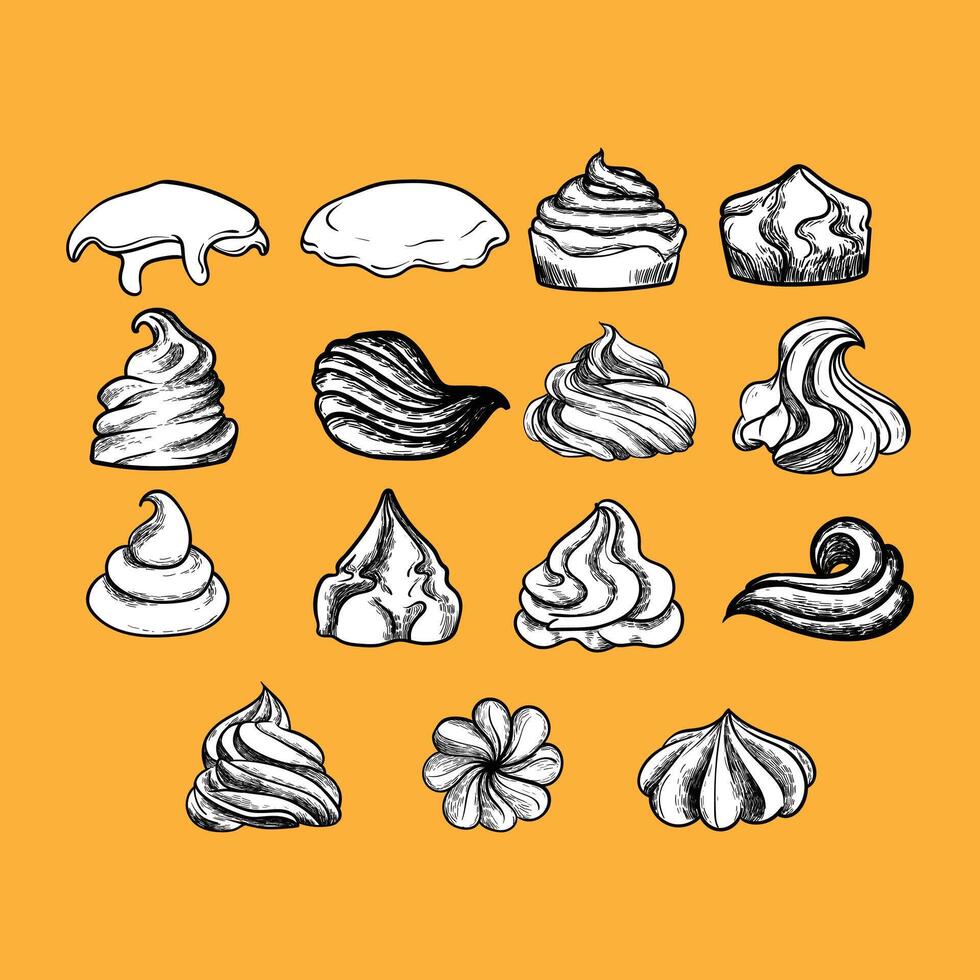 Hand drawn cream swirls. hand drawn sweets and marshmallows. Easy to edit and use food assets. Black outline, white fill in separate groups. vector
