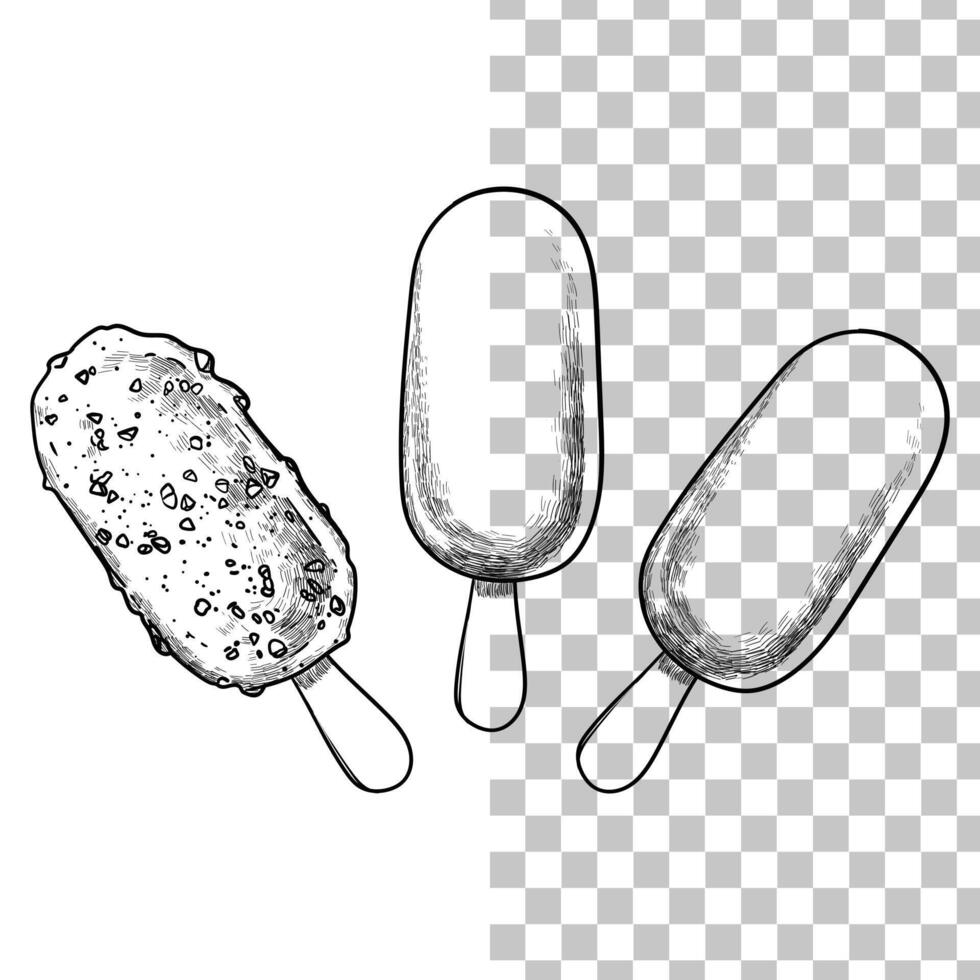 Stick ice creams with glazes and crunchy sprinkles. Hand drawn food assets with hand drawn text. Easy to edit and use food assets. Black outline, no fill, with fine details. vector