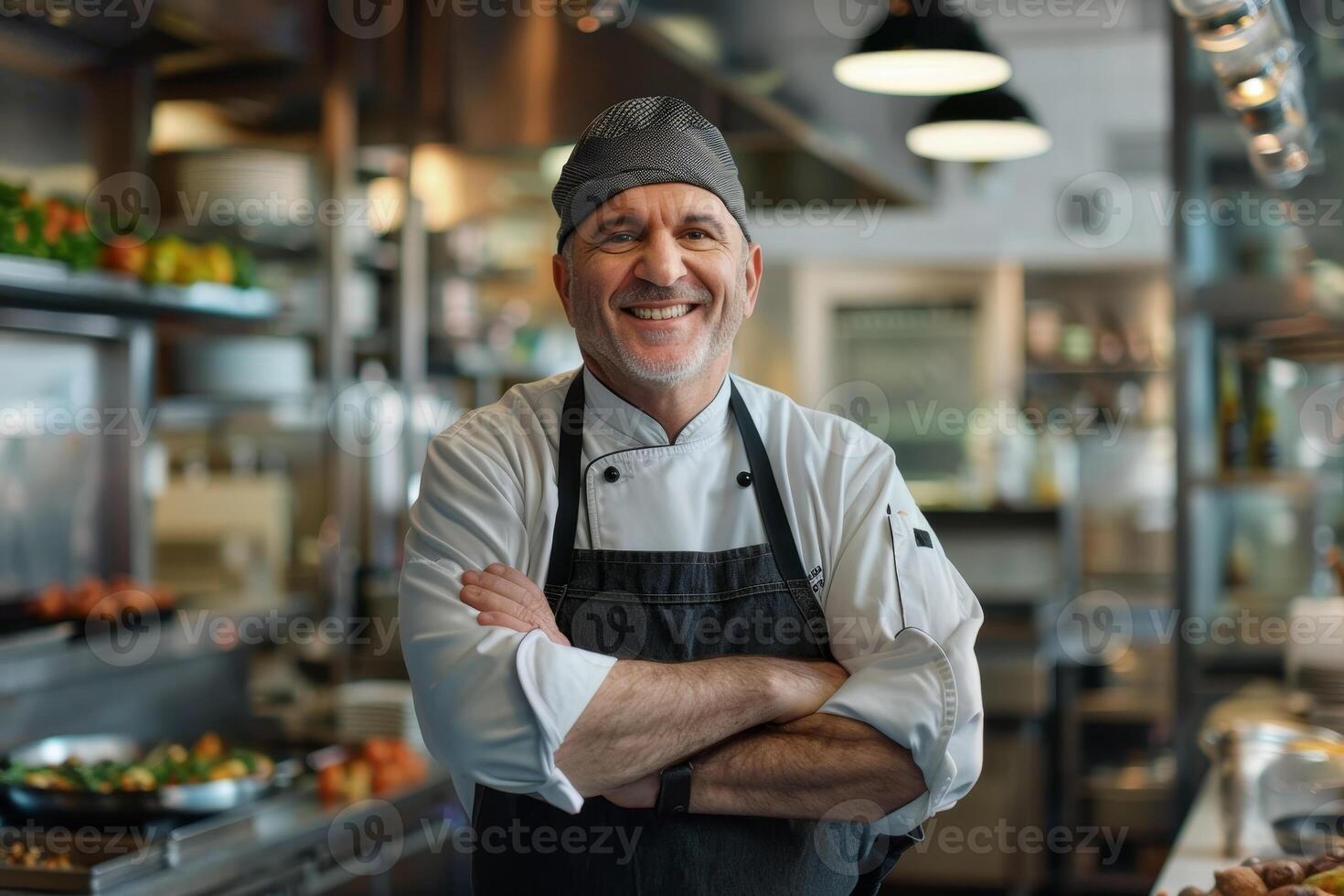 A smiling man in a chef's uniform standing in a kitchen photo