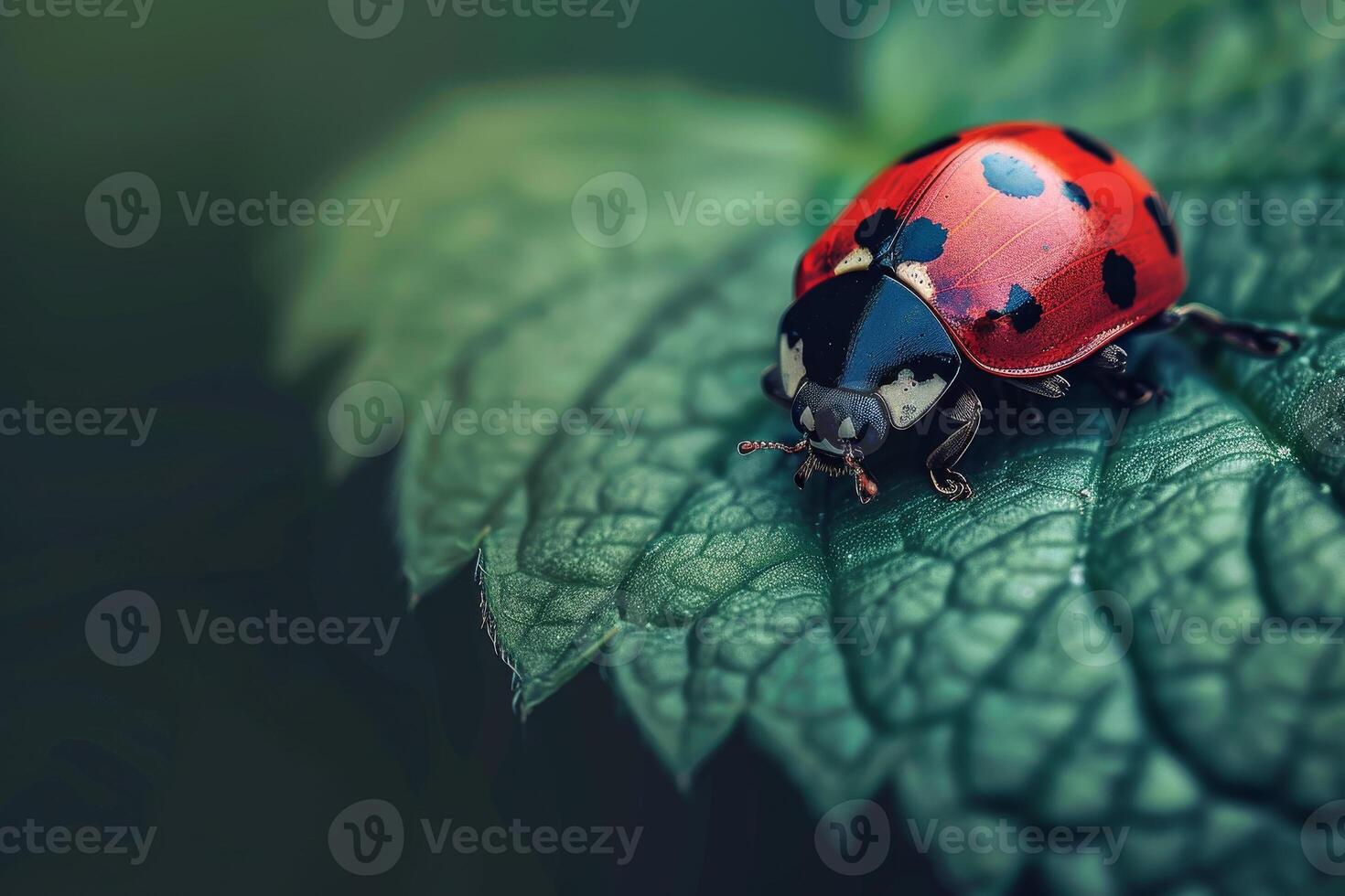 A ladybug sitting on a green leaf photo