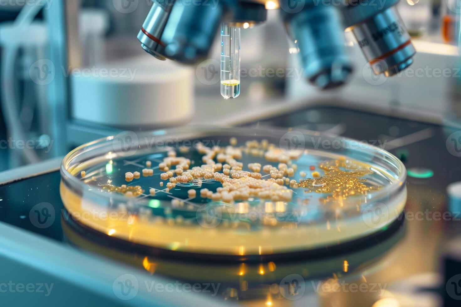 Microscope with gold particles in a petri dish photo